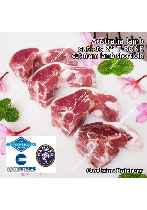 Lamb chop 2" 5cm CUTLETS T-BONE / LOIN CHOPS, cut from shortloin, frozen (price/pack 800gr 4pcs) brand Australia Wammco / WhiteStripe